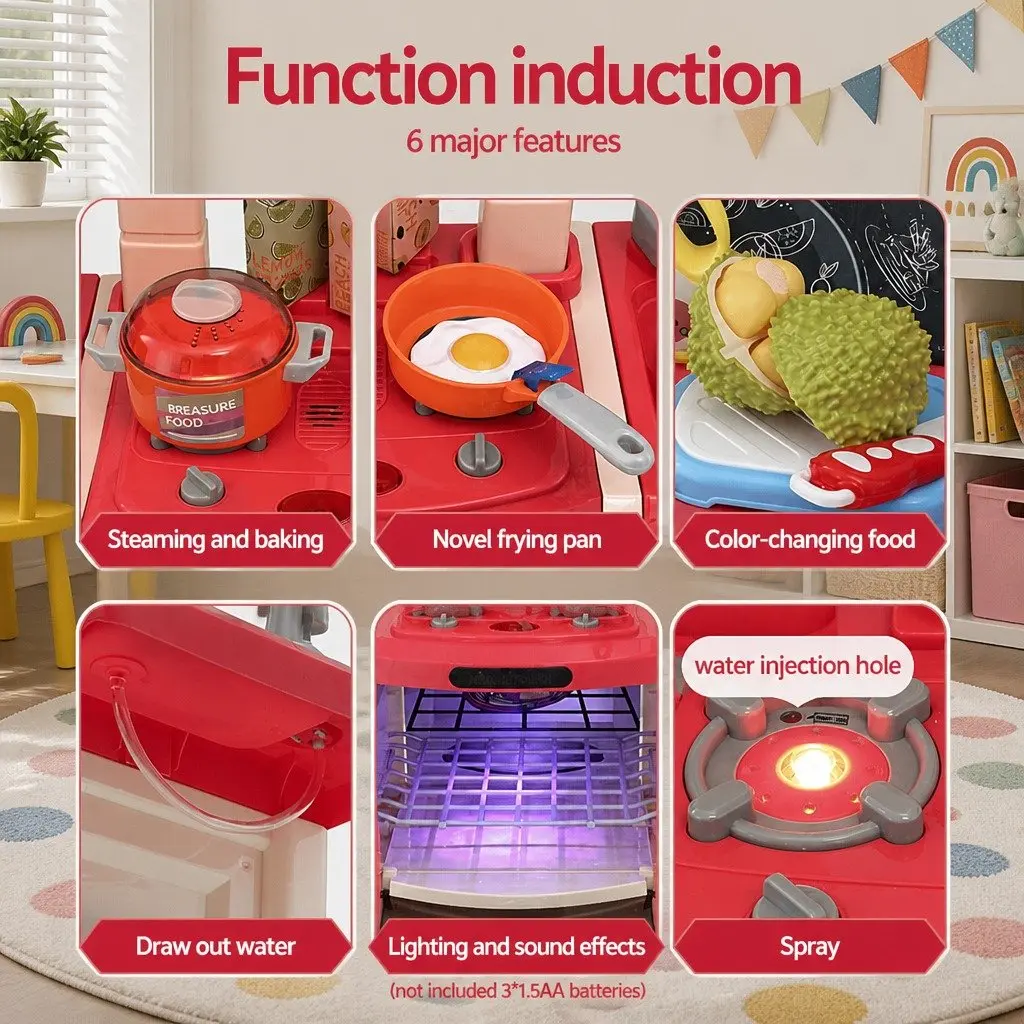 Kids Pretend Play Kitchen Set with Water Steam Light Sound Effects Multicolour 52 x 24 x 70cm