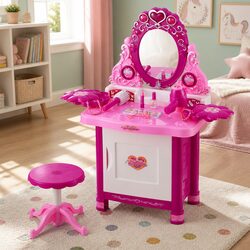 Kids Pretend Makeup Dressing Table Vanity Set with Chair Stool Accessories Girls