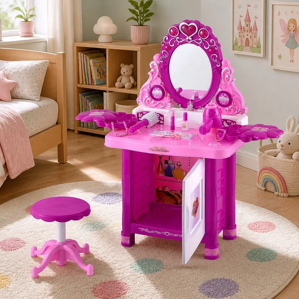 Kids Pretend Play Makeup Dressing Table Vanity Set with Chair Pink 60x32x75cm