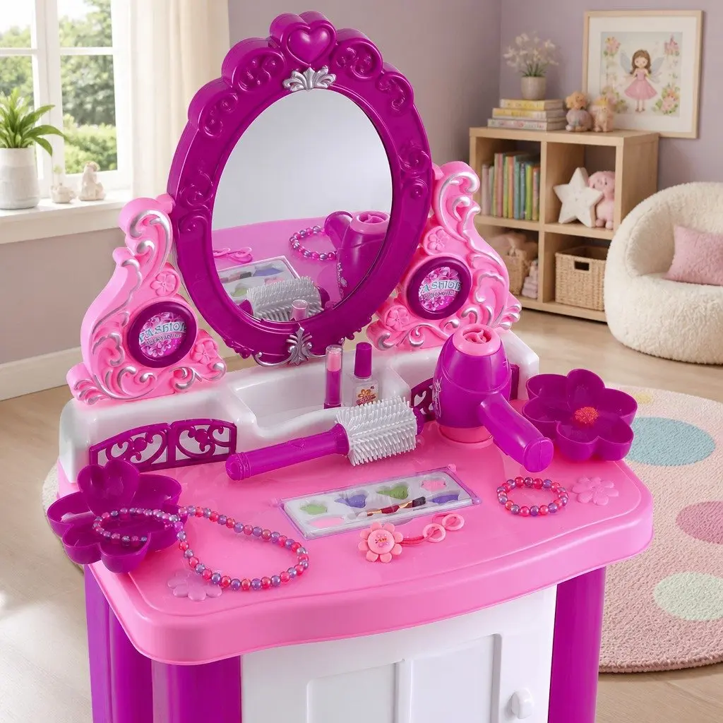 Kids Pretend Play Makeup Dressing Table Vanity Set with Chair Pink 60x32x75cm