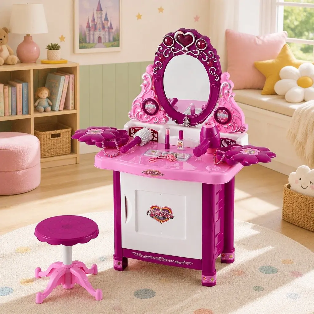 Kids Pretend Play Makeup Dressing Table Vanity Set with Chair Pink 60x32x75cm