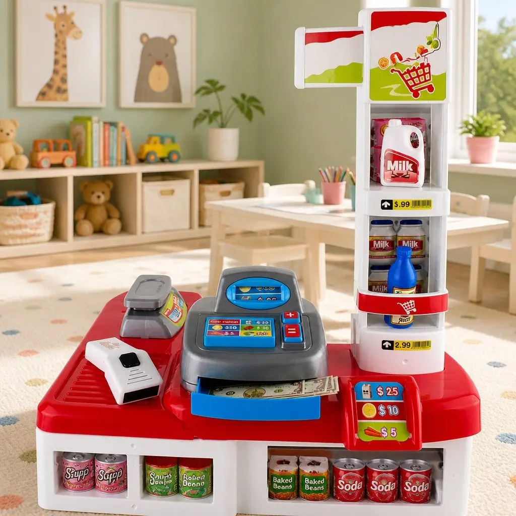 Kids Supermarket Pretend Playset Educational Toy 24 Piece Cash Register Trolley