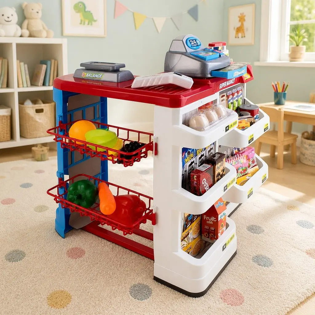 Kids Supermarket Pretend Playset Educational Toy 24 Piece Cash Register Trolley