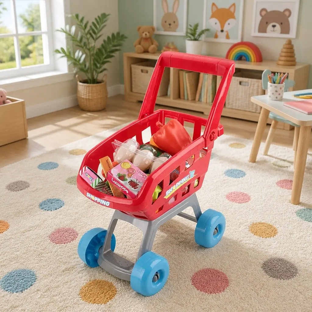 Kids Supermarket Pretend Playset Educational Toy 24 Piece Cash Register Trolley