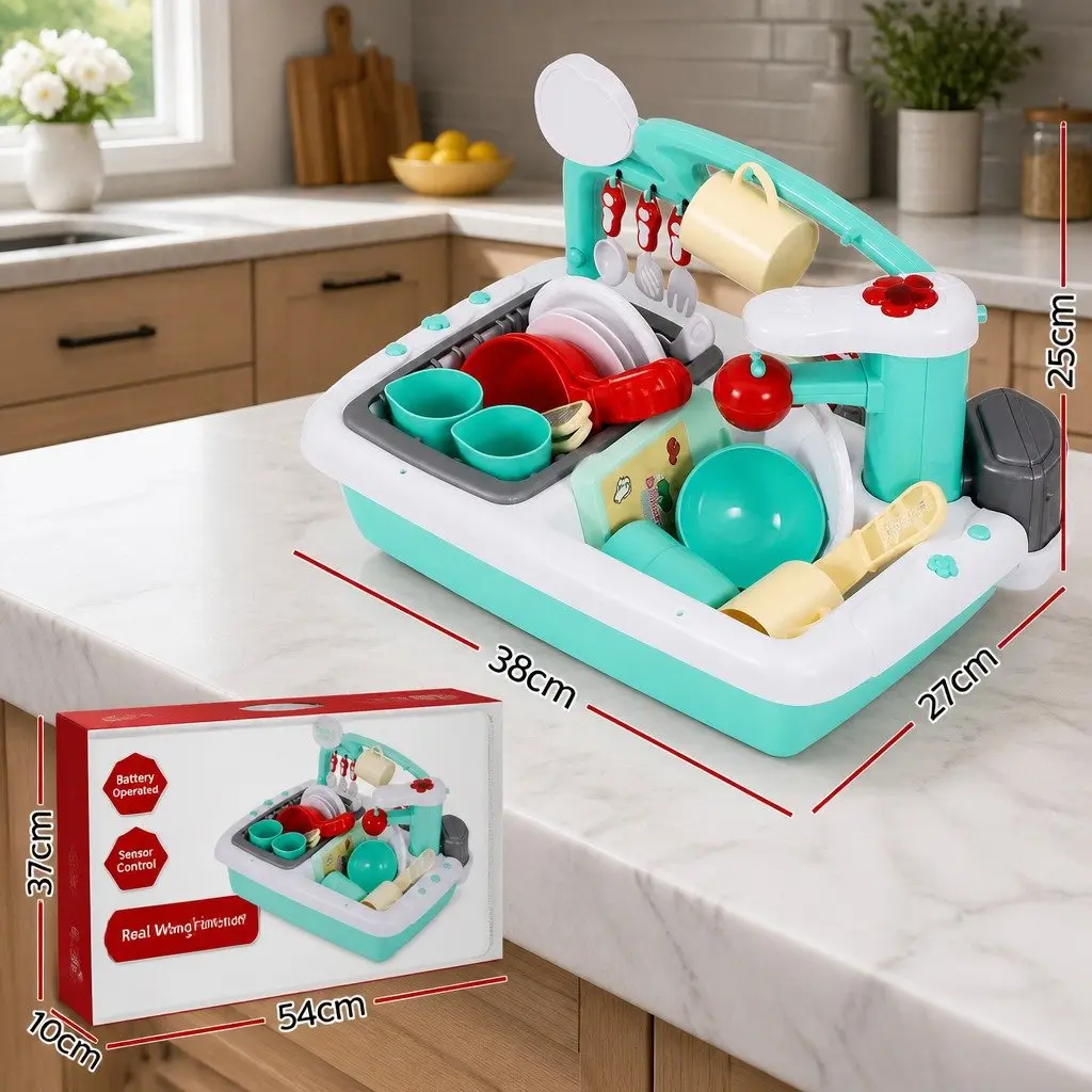 Kids Pretend Play Kitchen Sink Toy Sensor Control Dishwasher Water Cycle 38cm x 27cm x 25cm