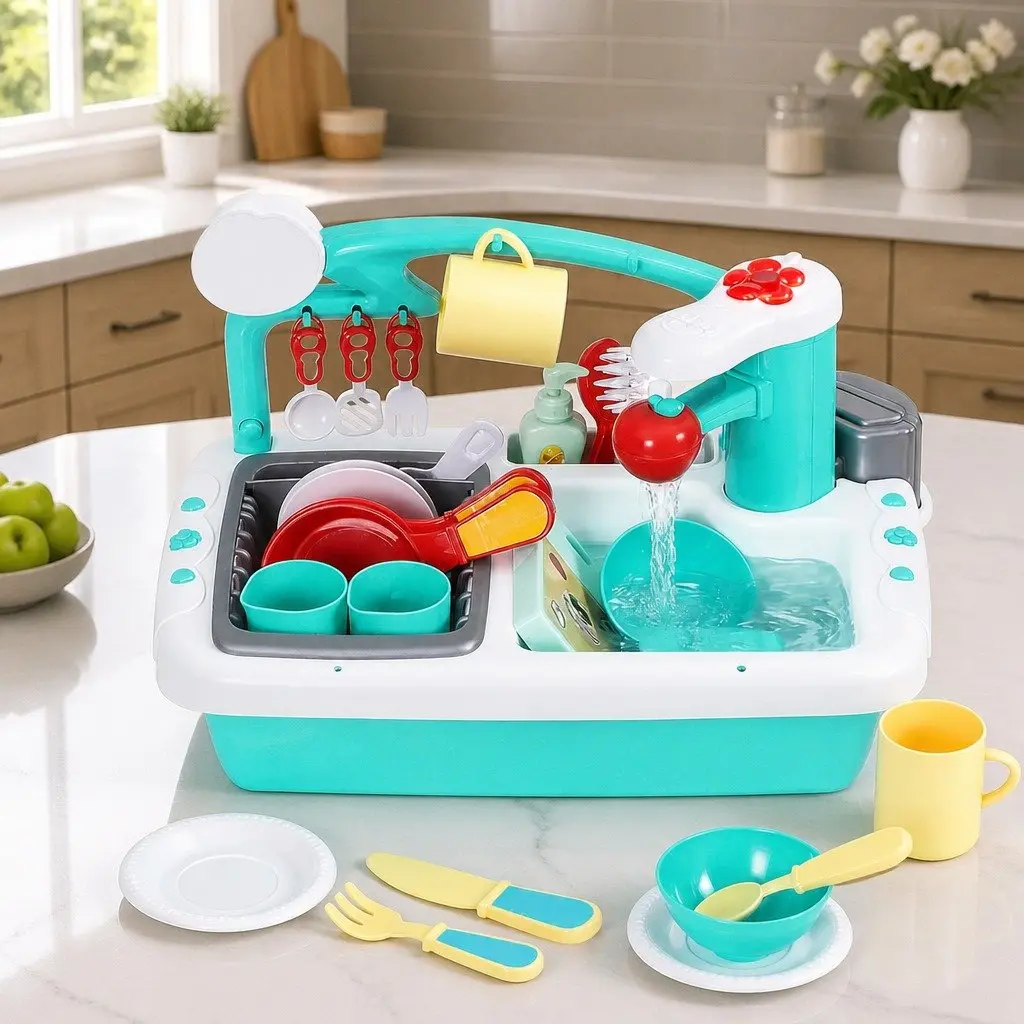 Kids Pretend Play Kitchen Sink Toy Sensor Control Dishwasher Water Cycle 38cm x 27cm x 25cm