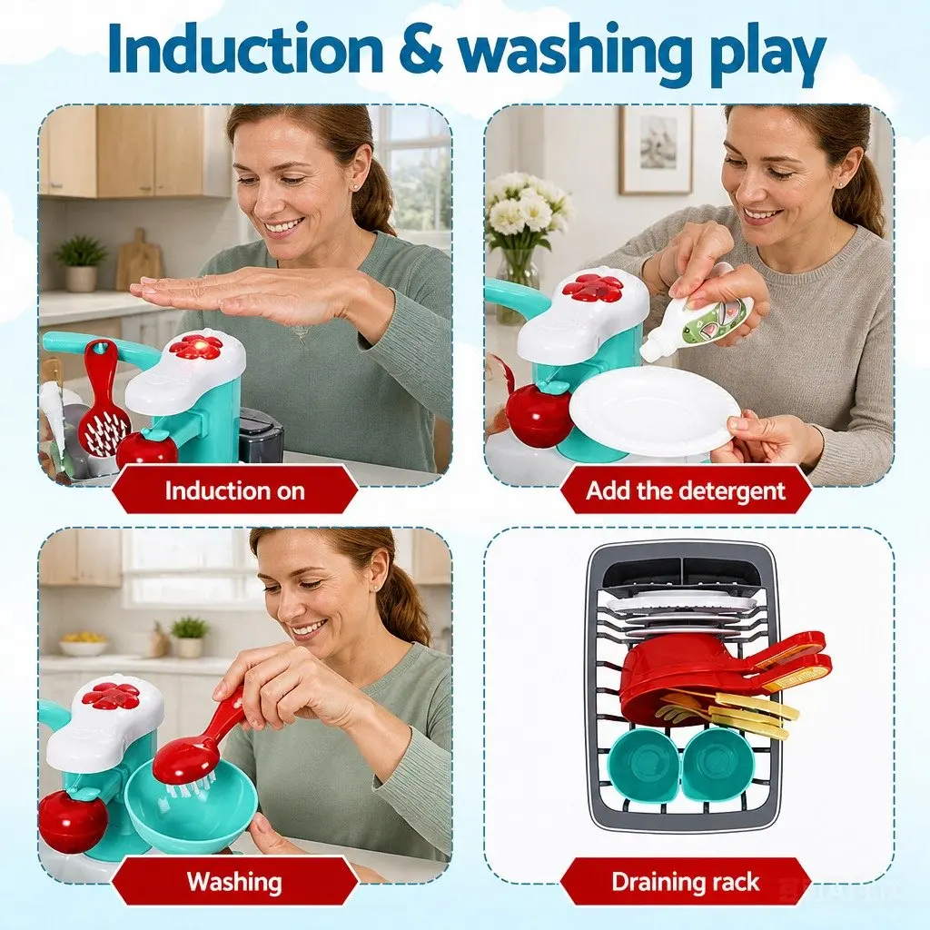 Kids Pretend Play Kitchen Sink Toy Sensor Control Dishwasher Water Cycle 38cm x 27cm x 25cm