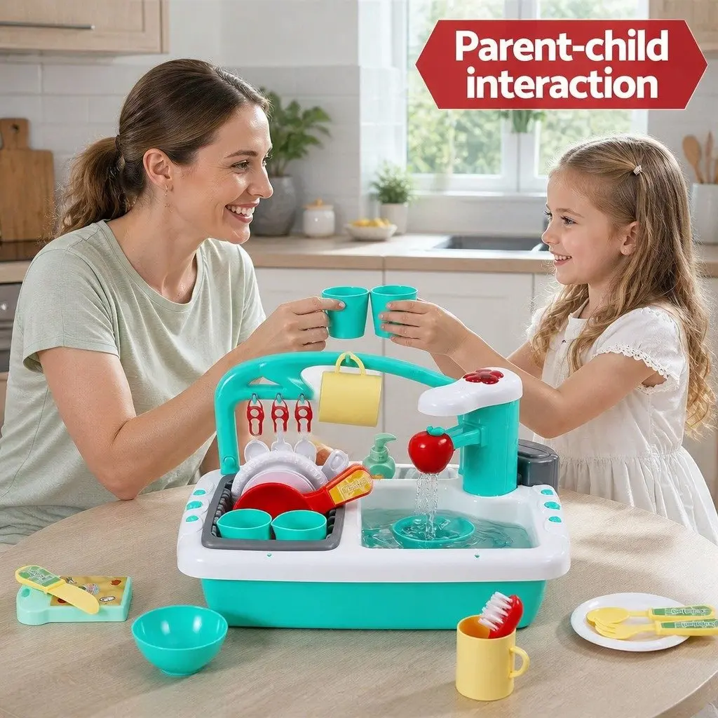 Kids Pretend Play Kitchen Sink Toy Sensor Control Dishwasher Water Cycle 38cm x 27cm x 25cm