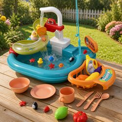 Kids Pretend Play Kitchen Sink with Faucet Fishing Toys Educational Role Play