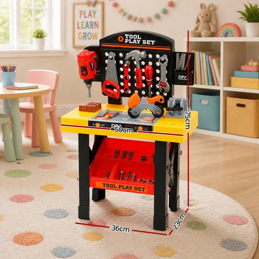 Kids Pretend Play Workbench Tool Set Red 54 Piece