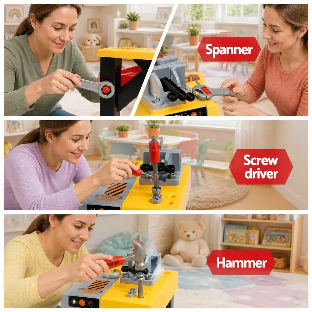 Kids Pretend Play Workbench Tool Set Red 54 Piece