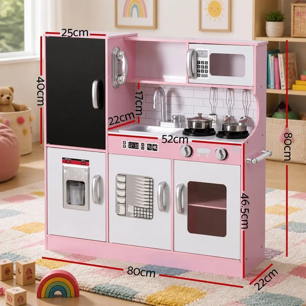 Kids Wooden Kitchen Play Set Pretend Cooking Toys 80CM Pink