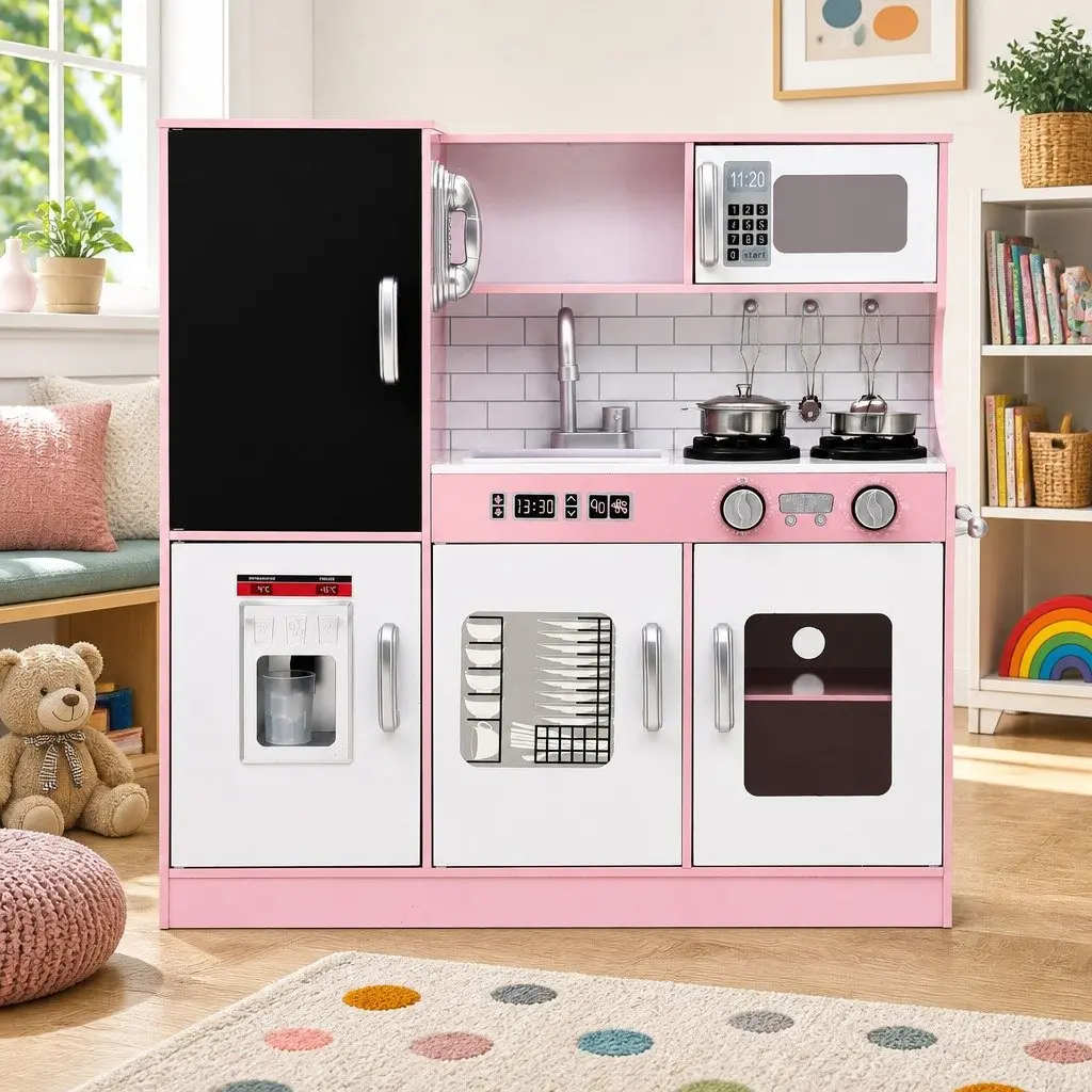 Kids Wooden Kitchen Play Set Pretend Cooking Toys 80CM Pink