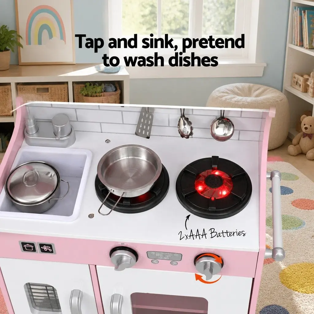 Kids Wooden Kitchen Play Set Pretend Cooking Toys 80CM Pink