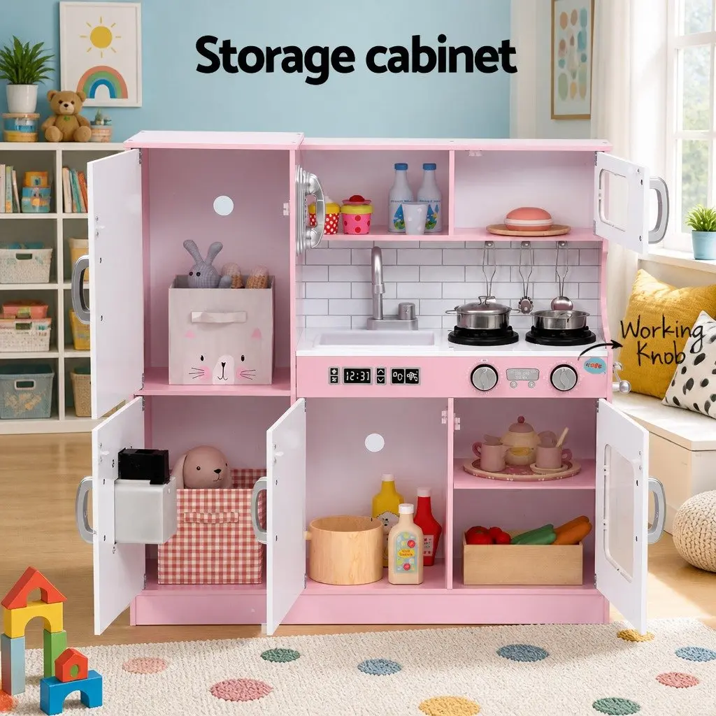 Kids Wooden Kitchen Play Set Pretend Cooking Toys 80CM Pink