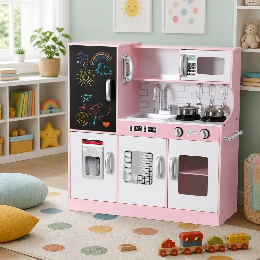 Kids Wooden Kitchen Play Set Pretend Cooking Toys 80CM Pink