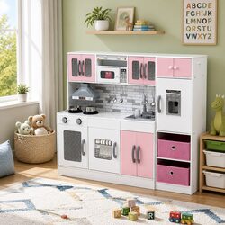 Kids Wooden Kitchen Playset 2-Piece Pretend Play Coffee Maker Toy Pink 100CM