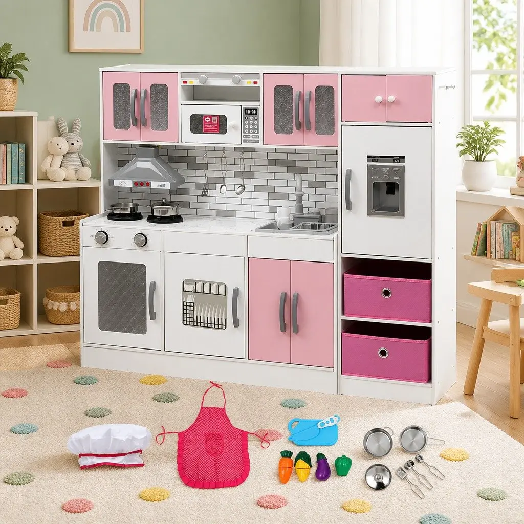 Kids Wooden Kitchen Playset 2-Piece Pretend Play Coffee Maker Toy Pink 100CM