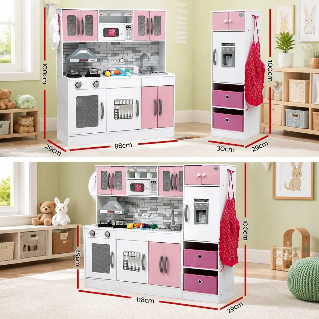 Kids Wooden Kitchen Playset 2-Piece Pretend Play Coffee Maker Toy Pink 100CM