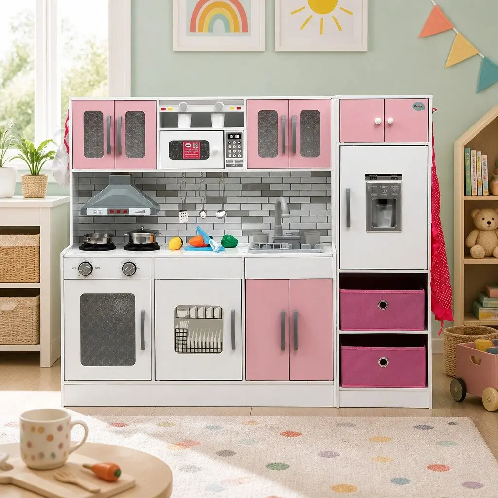 Kids Wooden Kitchen Playset 2-Piece Pretend Play Coffee Maker Toy Pink 100CM