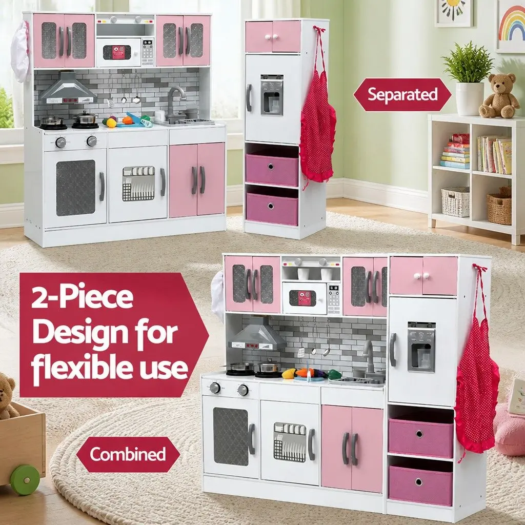 Kids Wooden Kitchen Playset 2-Piece Pretend Play Coffee Maker Toy Pink 100CM