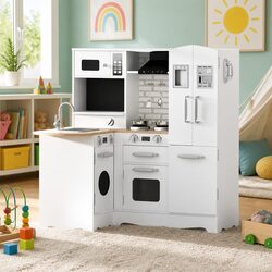 Wooden Kids Kitchen Play Set Pretend Cooking Toys with Fridge Stove Oven White