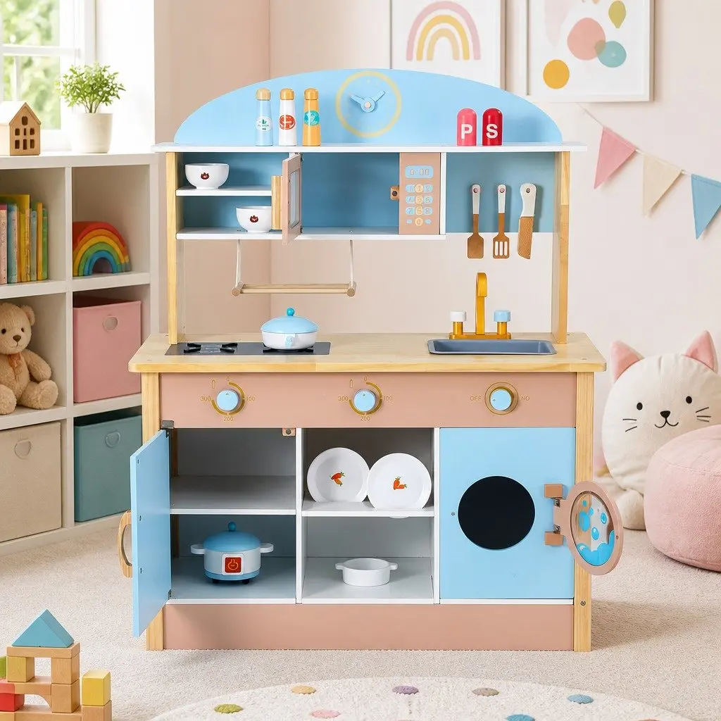 Wooden Kitchen Play Set Interactive Cooking Toys 80cm x 35cm x 98cm