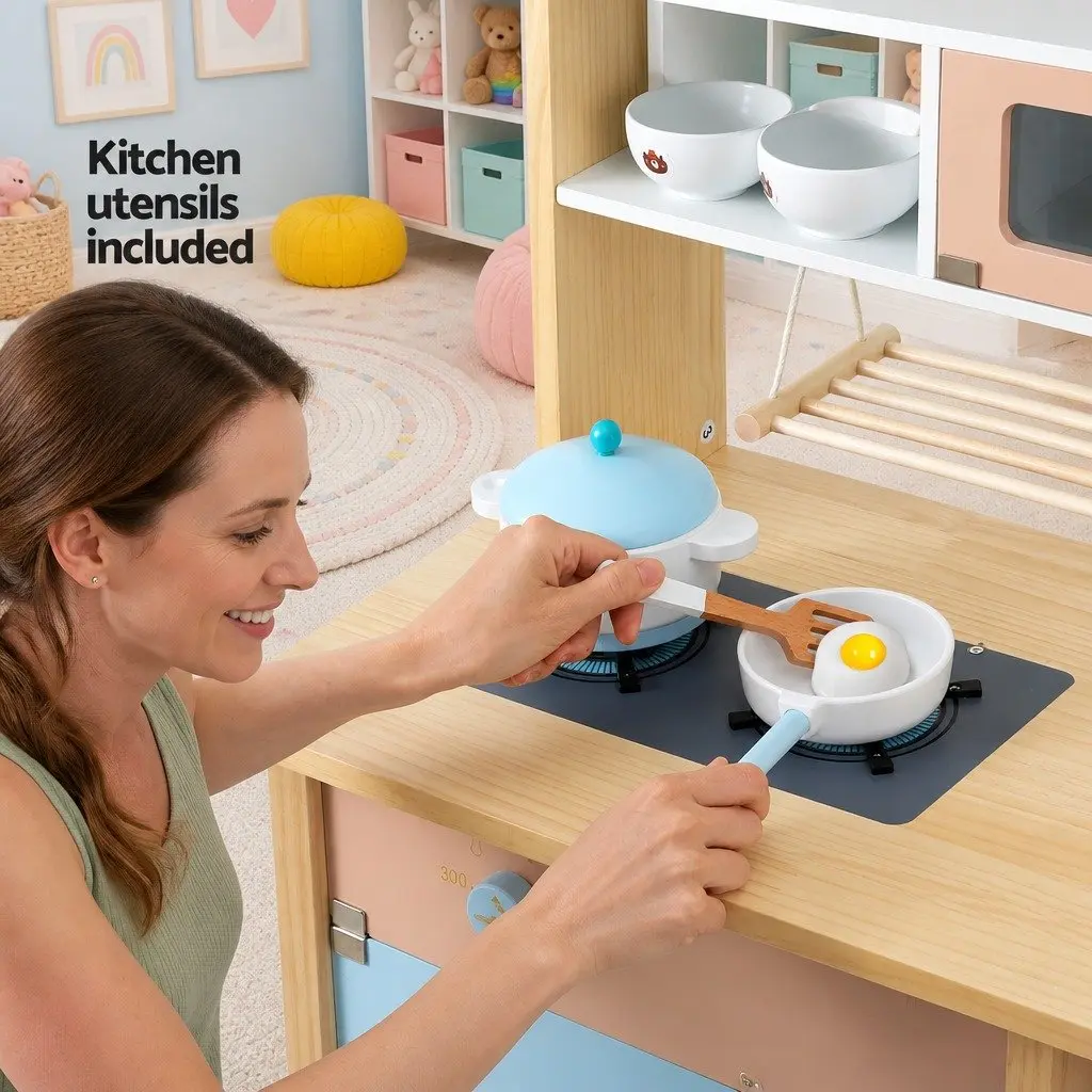 Wooden Kitchen Play Set Interactive Cooking Toys 80cm x 35cm x 98cm