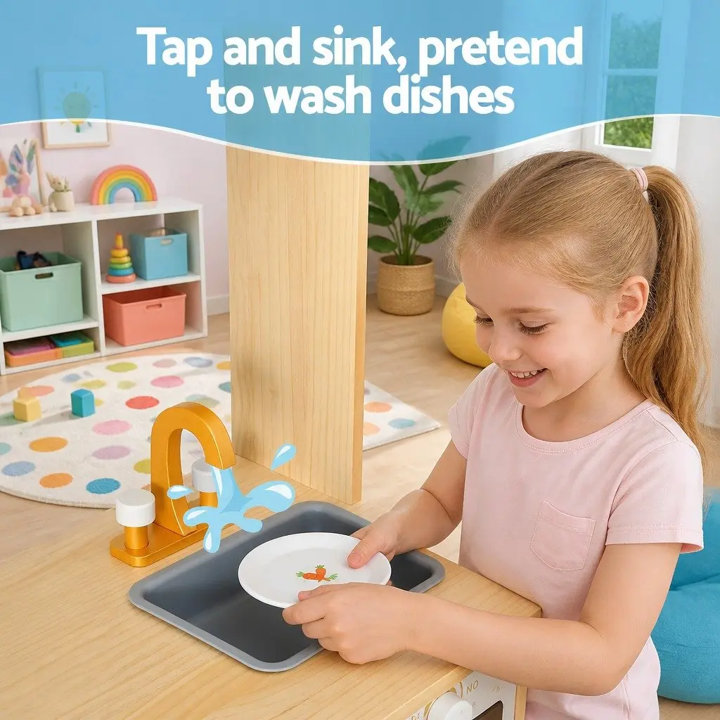 Wooden Kitchen Play Set Interactive Cooking Toys 80cm x 35cm x 98cm