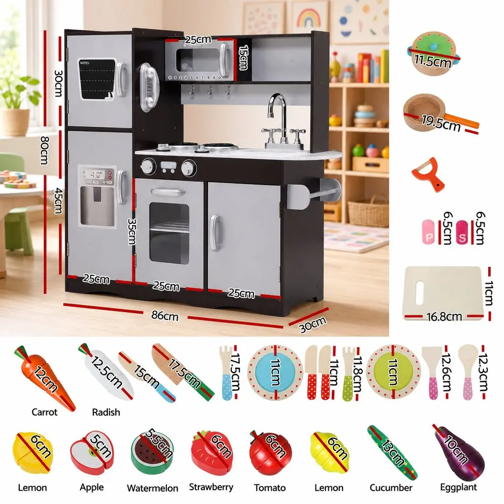 Kids Play Kitchen Pretend Toy Cooking Set With Wooden Food Accessories Storage