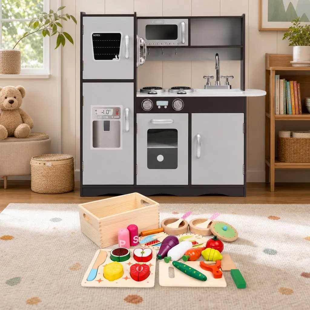Kids Play Kitchen Pretend Toy Cooking Set With Wooden Food Accessories Storage