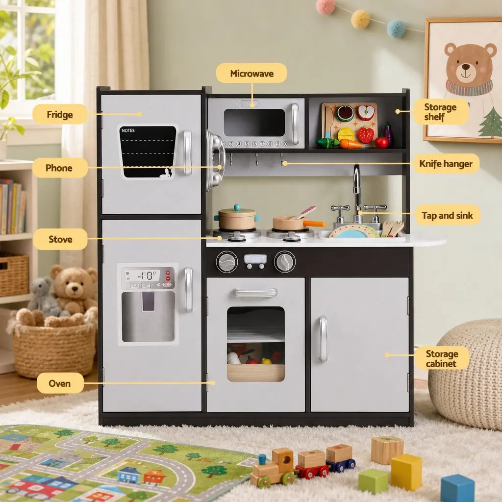 Kids Play Kitchen Pretend Toy Cooking Set With Wooden Food Accessories Storage