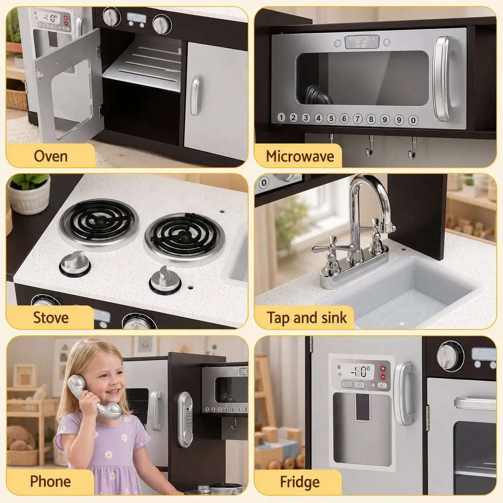 Kids Play Kitchen Pretend Toy Cooking Set With Wooden Food Accessories Storage