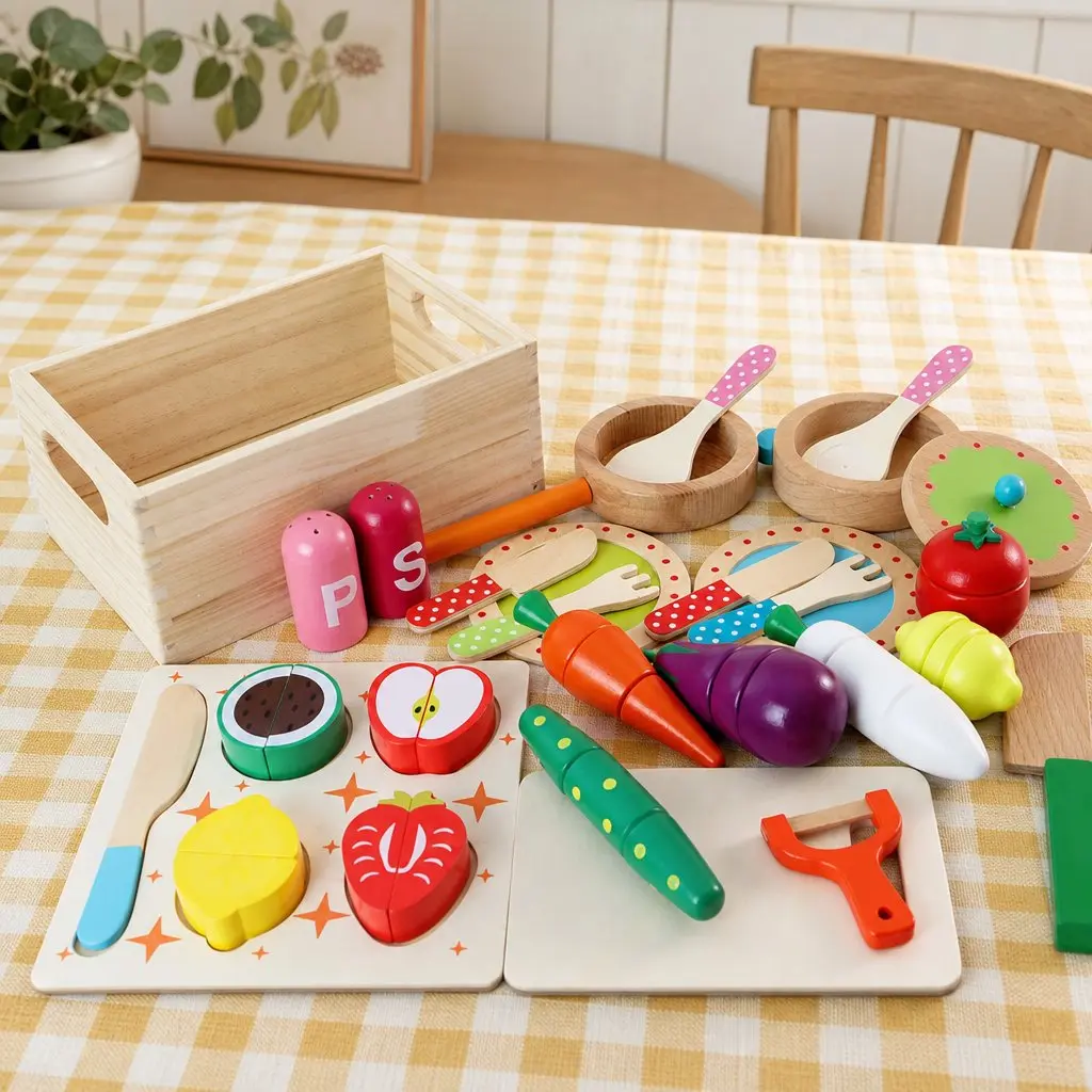 Kids Play Kitchen Pretend Toy Cooking Set With Wooden Food Accessories Storage