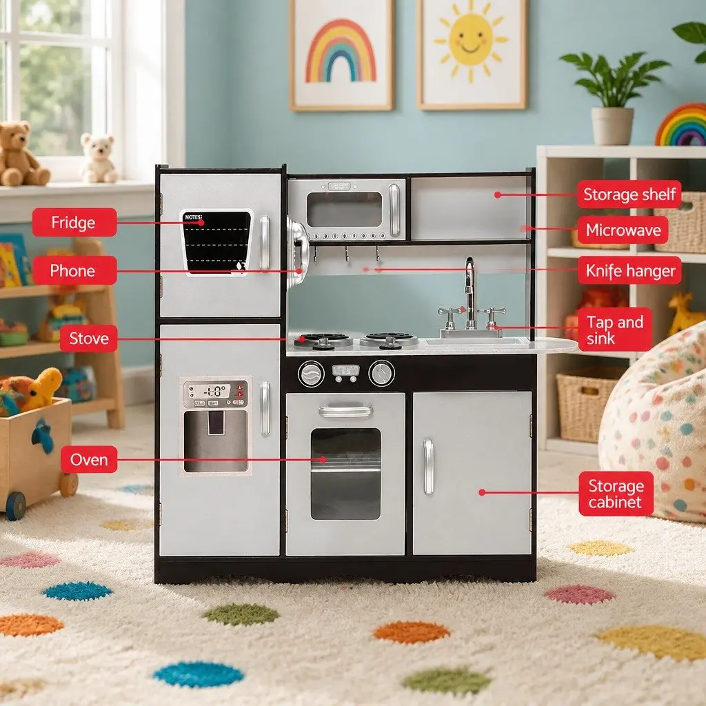 Wooden Kids Kitchen Play Set Pretend Cooking Toys Children Stove Fridge Sink
