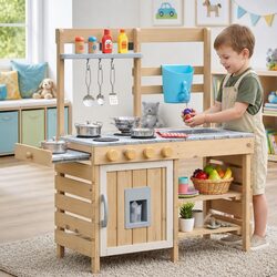 Kids Wooden Kitchen Playset Pretend Play Cooking Toy 95cm Tall Storage Shelves