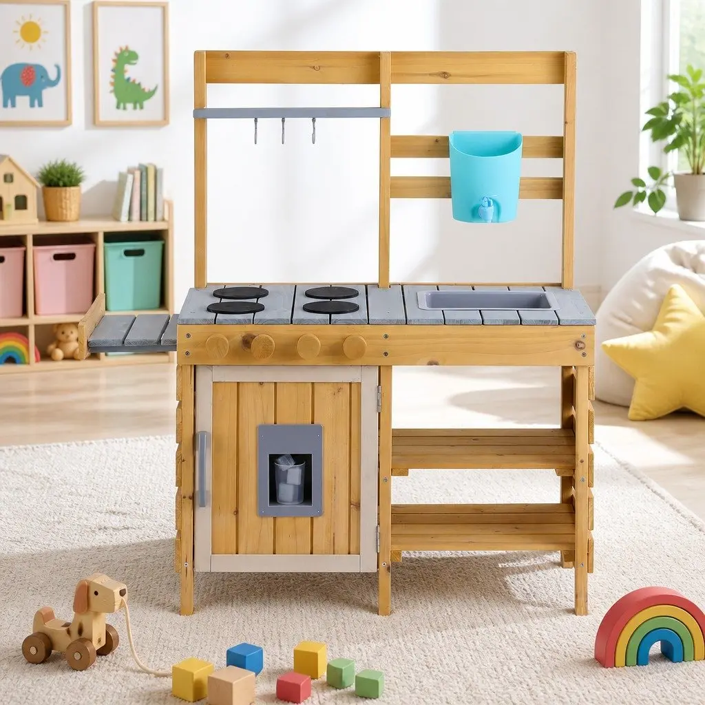 Kids Wooden Kitchen Playset Pretend Play Cooking Toy 95cm Tall Storage Shelves
