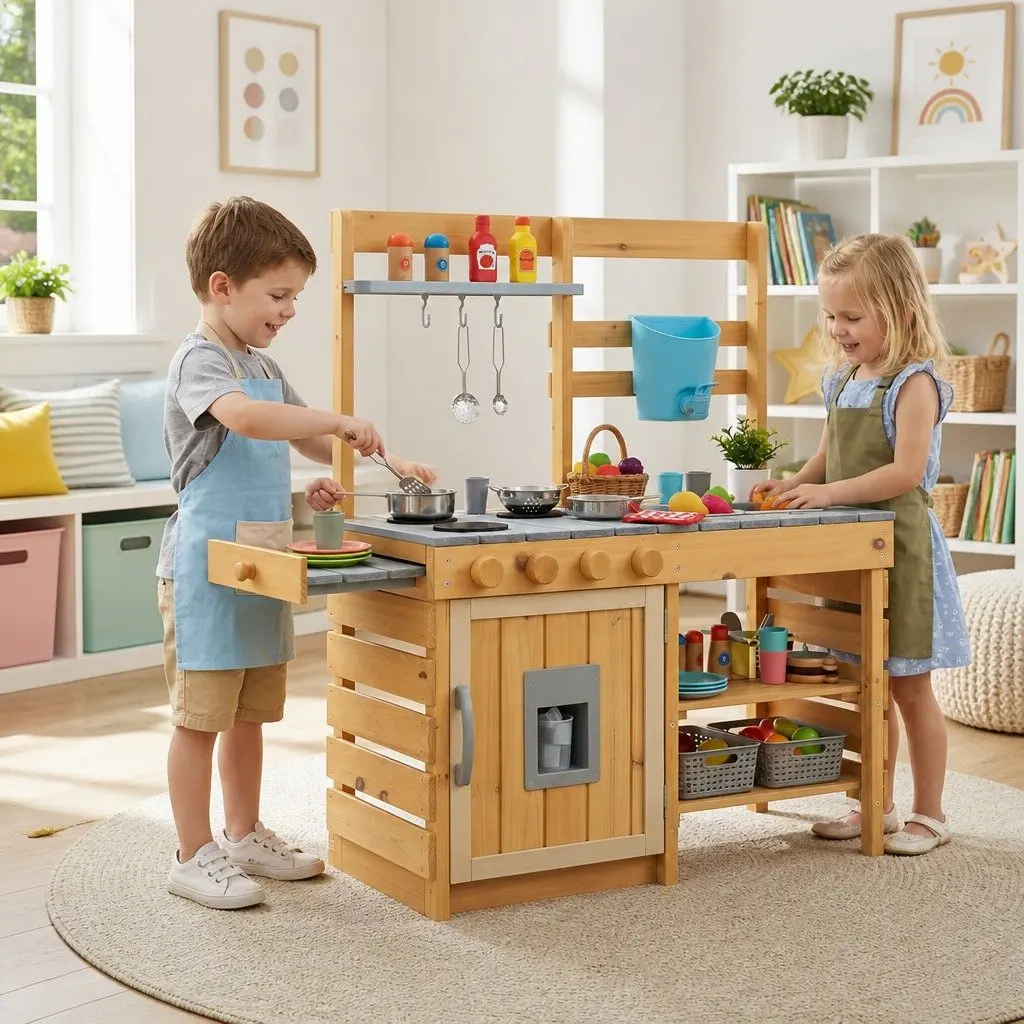 Kids Wooden Kitchen Playset Pretend Play Cooking Toy 95cm Tall Storage Shelves