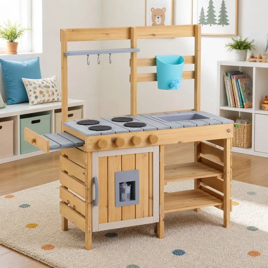 Kids Wooden Kitchen Playset Pretend Play Cooking Toy 95cm Tall Storage Shelves