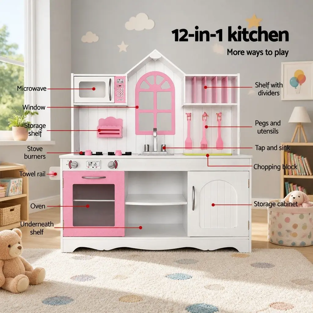 Kids Wooden Kitchen Play Set Princess Role Play Cooking Pretend Toys Storage