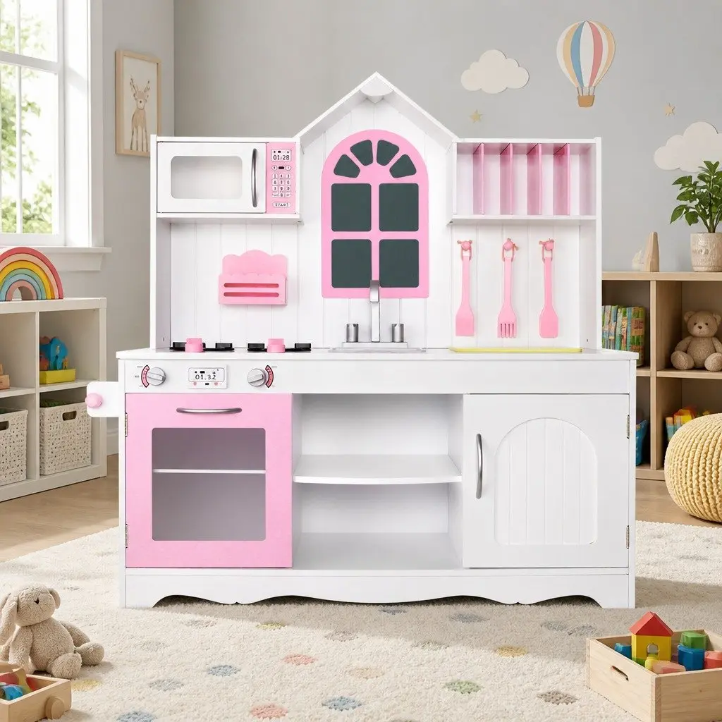 Kids Wooden Kitchen Play Set Princess Role Play Cooking Pretend Toys Storage