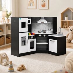 Kids Wooden Play Kitchen Set Pretend Cooking Playset with Sound Light Effects