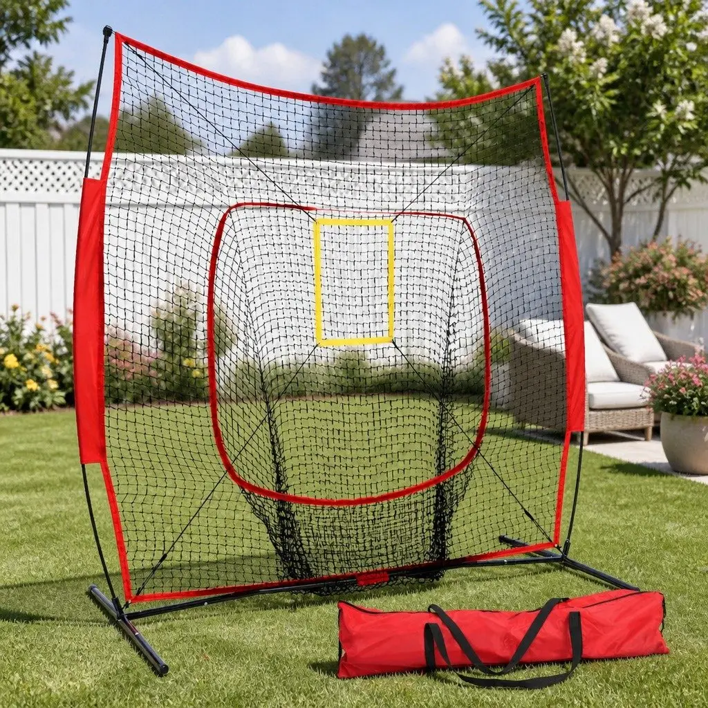 Baseball Softball Training Net Pitching Kit with Stand Strike Zone Red 7ft