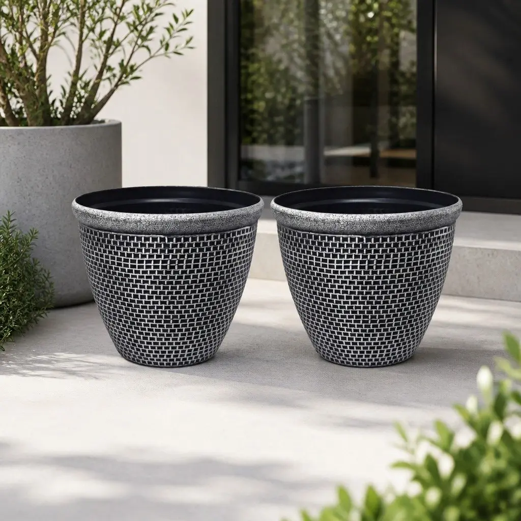 Plastic Plant Pots Brick-Texture 30cm Outdoor Garden Planter Set 2 Pcs