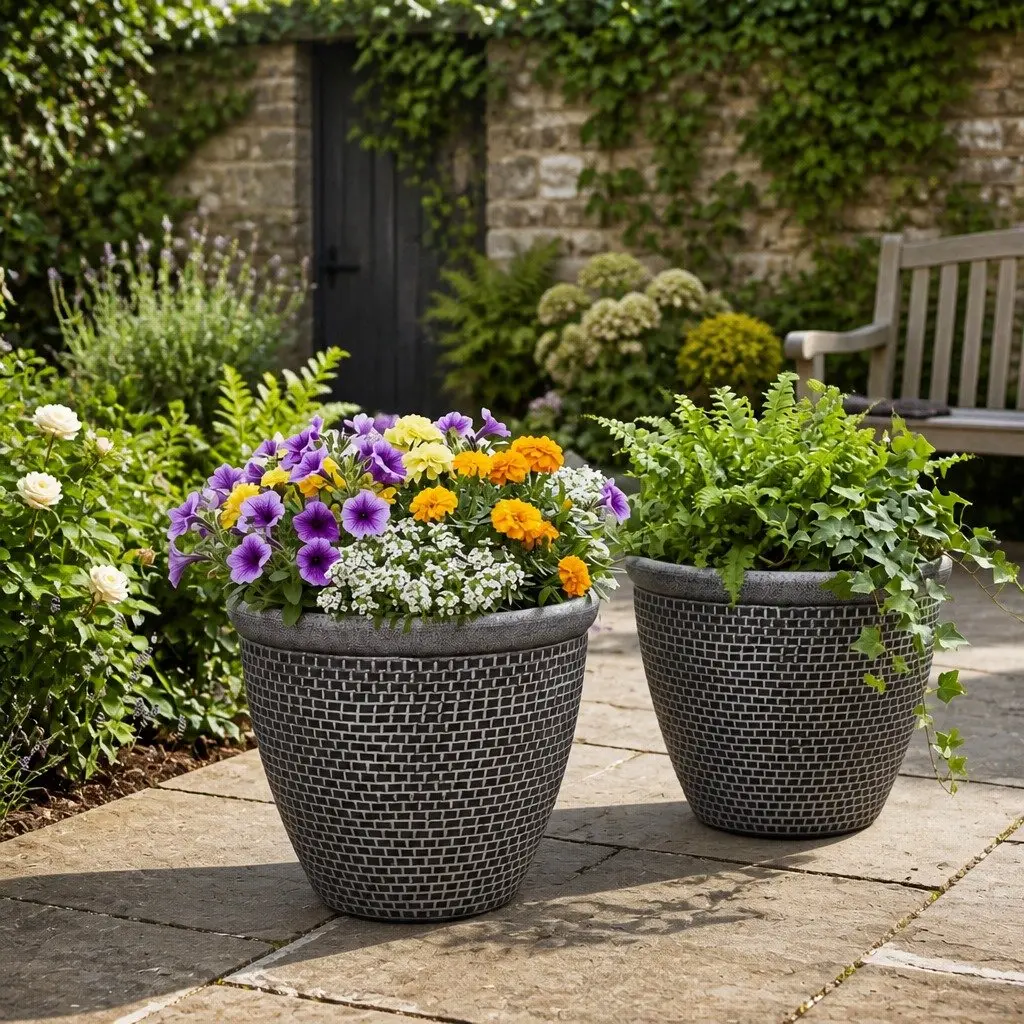 Plastic Plant Pots Brick-Texture 30cm Outdoor Garden Planter Set 2 Pcs