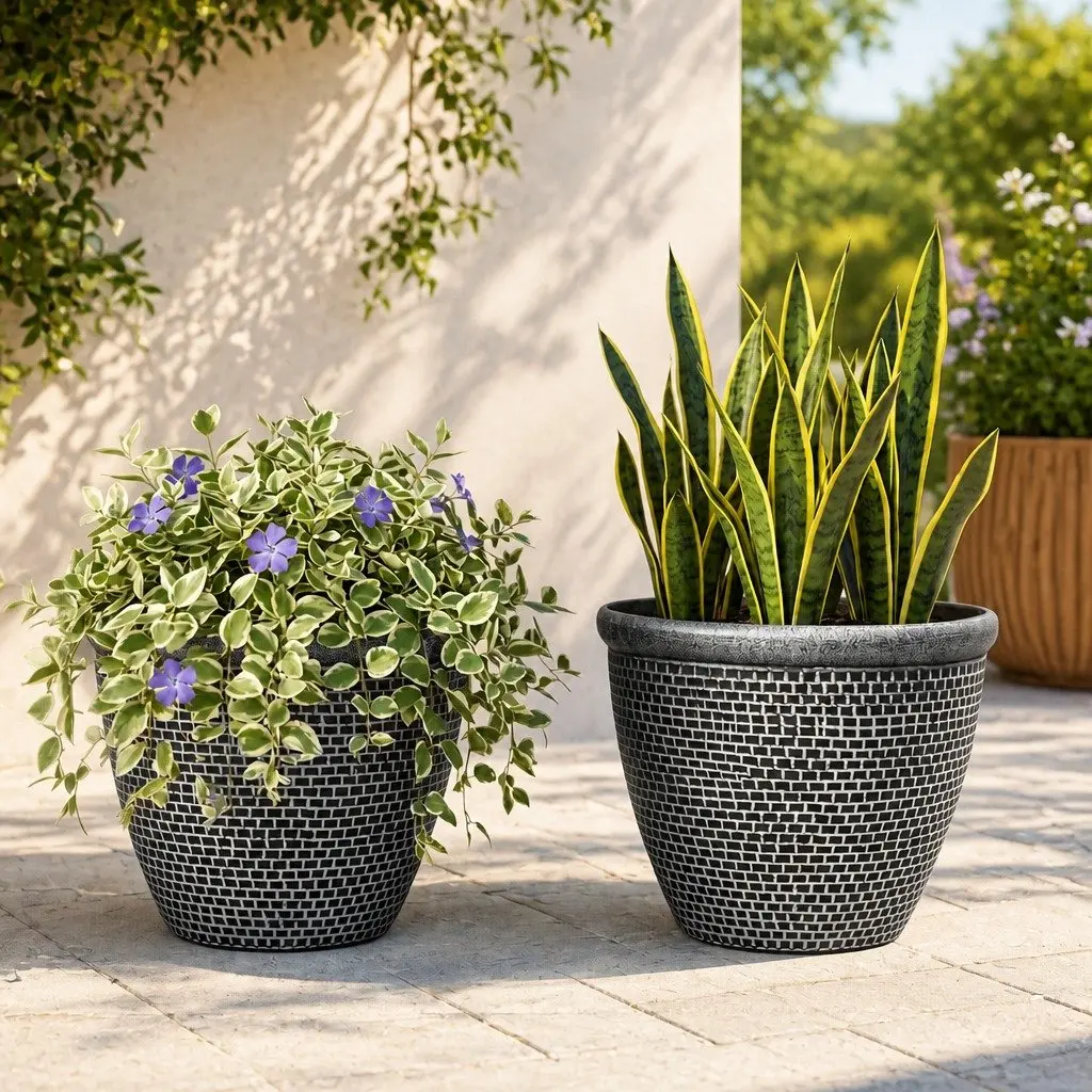 Plastic Plant Pots Brick-Texture 30cm Outdoor Garden Planter Set 2 Pcs