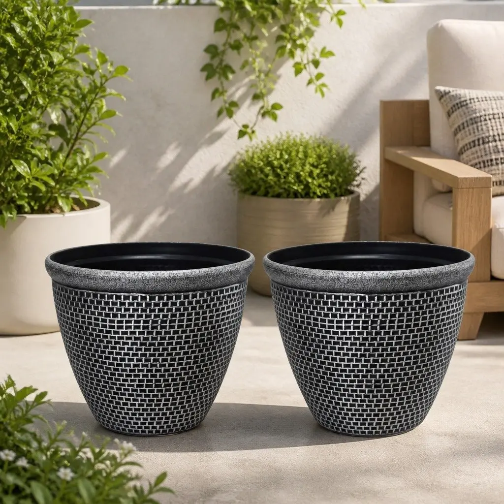Plastic Plant Pots Brick-Texture 30cm Outdoor Garden Planter Set 2 Pcs