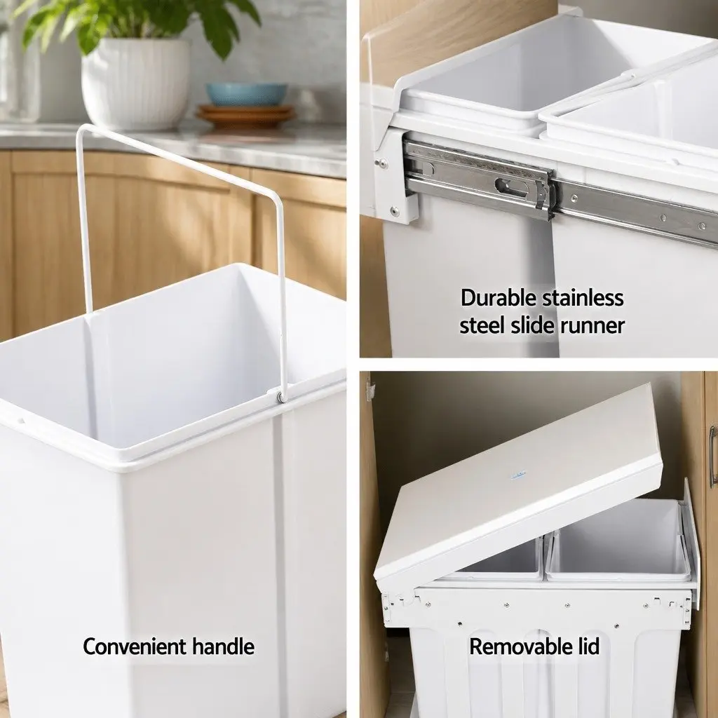 Pull Out Kitchen Waste Bin Double Compartment 2x15L Sliding Cabinet Organiser
