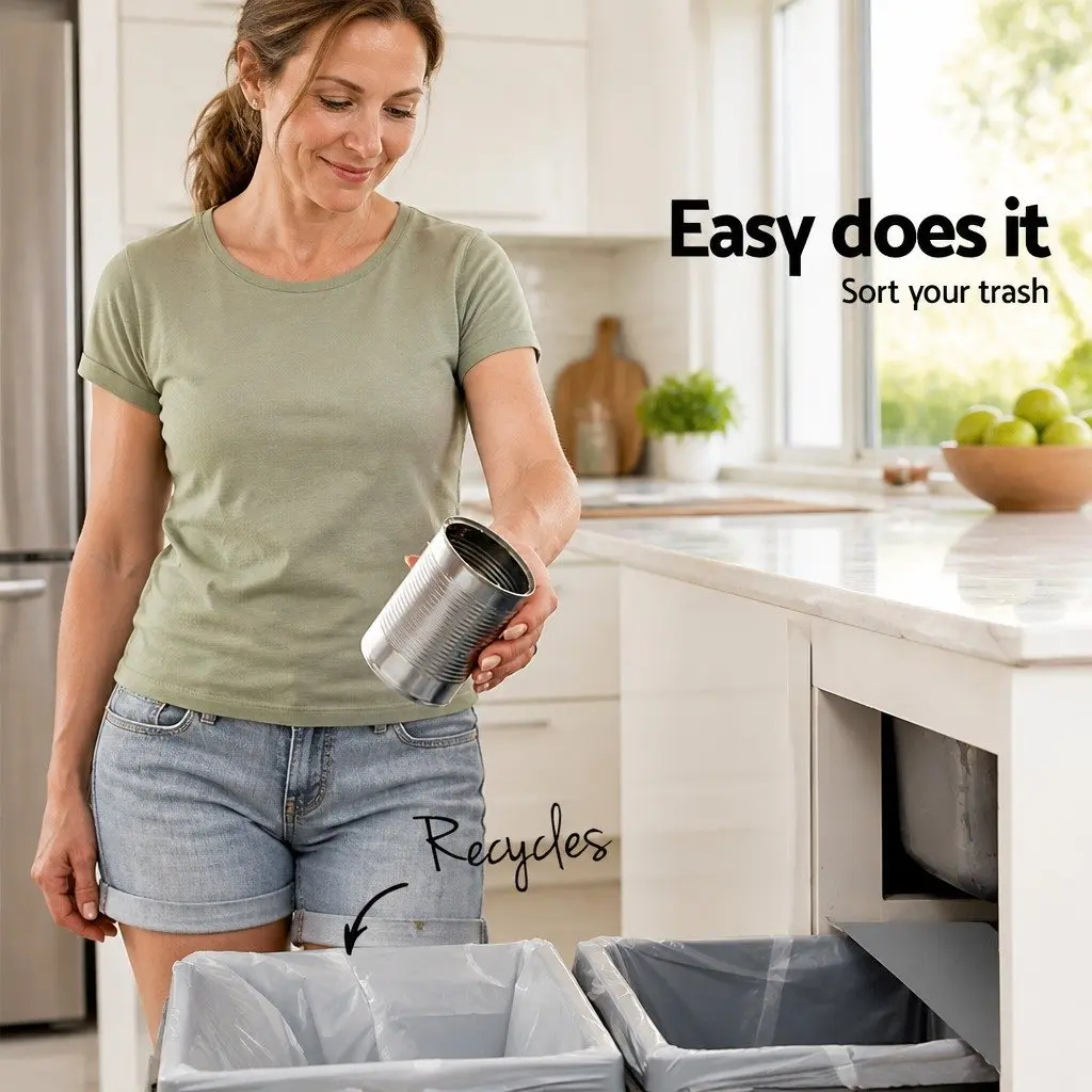 Pull Out Bin Double Basket 2x15L Grey Kitchen Waste Cabinet Storage Sliding