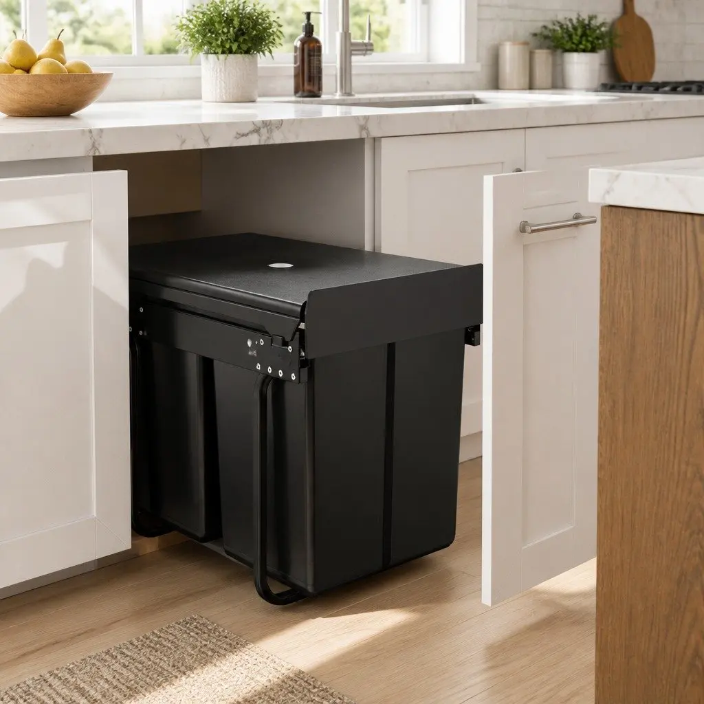 Pull Out Bin Kitchen Double Basket 2x20L Waste Storage Black Cabinet Organizer